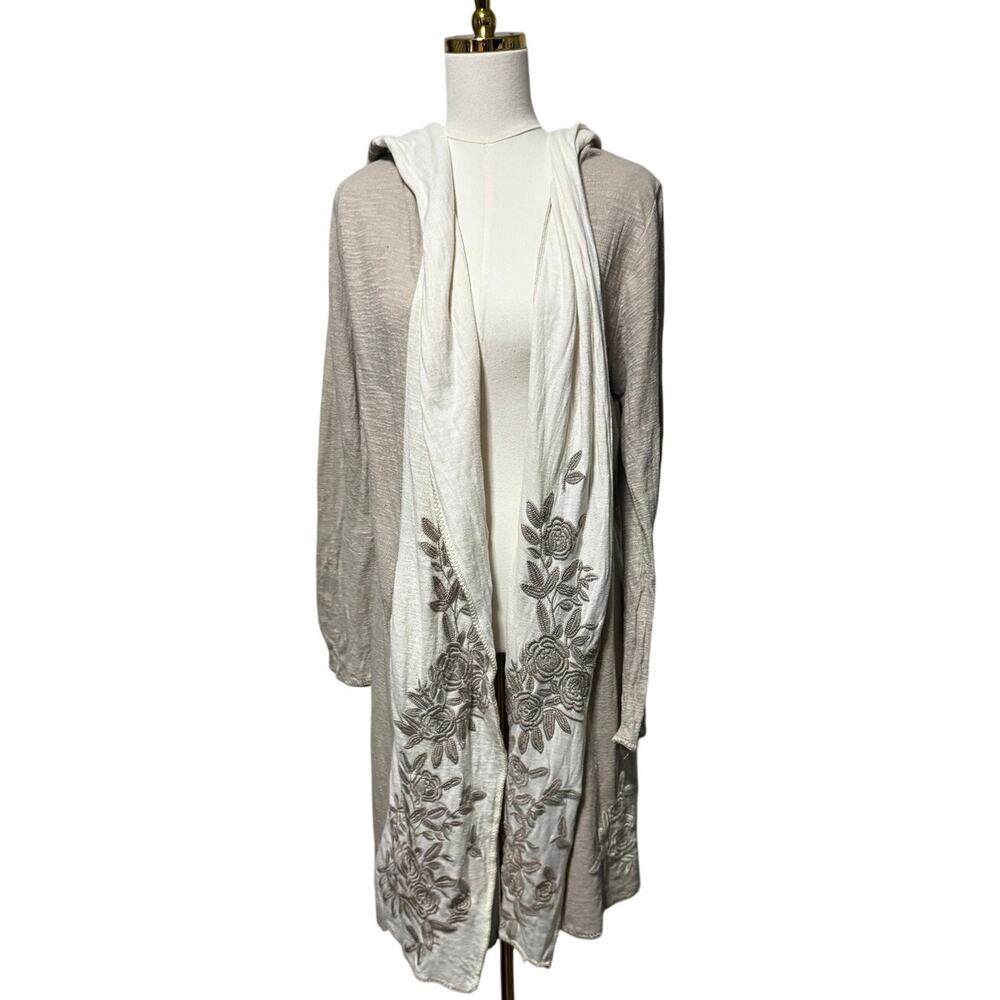 Johnny Was Biya Open Hooded Cardigan Duster Taupe Ivory Embroidered Size L - Picture 4 of 6